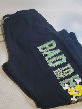 Warner Bros. Navy Joggers with Green Camo "Bad to the Bone" Graphic